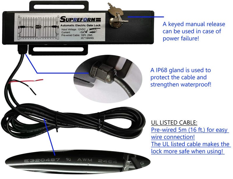 Supreform Universal 12VDC(NOT 24VDC) Outdoor Automatic Electric Gate Lock for Swing Gate Opener Operator Automatic Gate Openers, Fail Secure Gate Lock, UL Listed Cable - Image 3